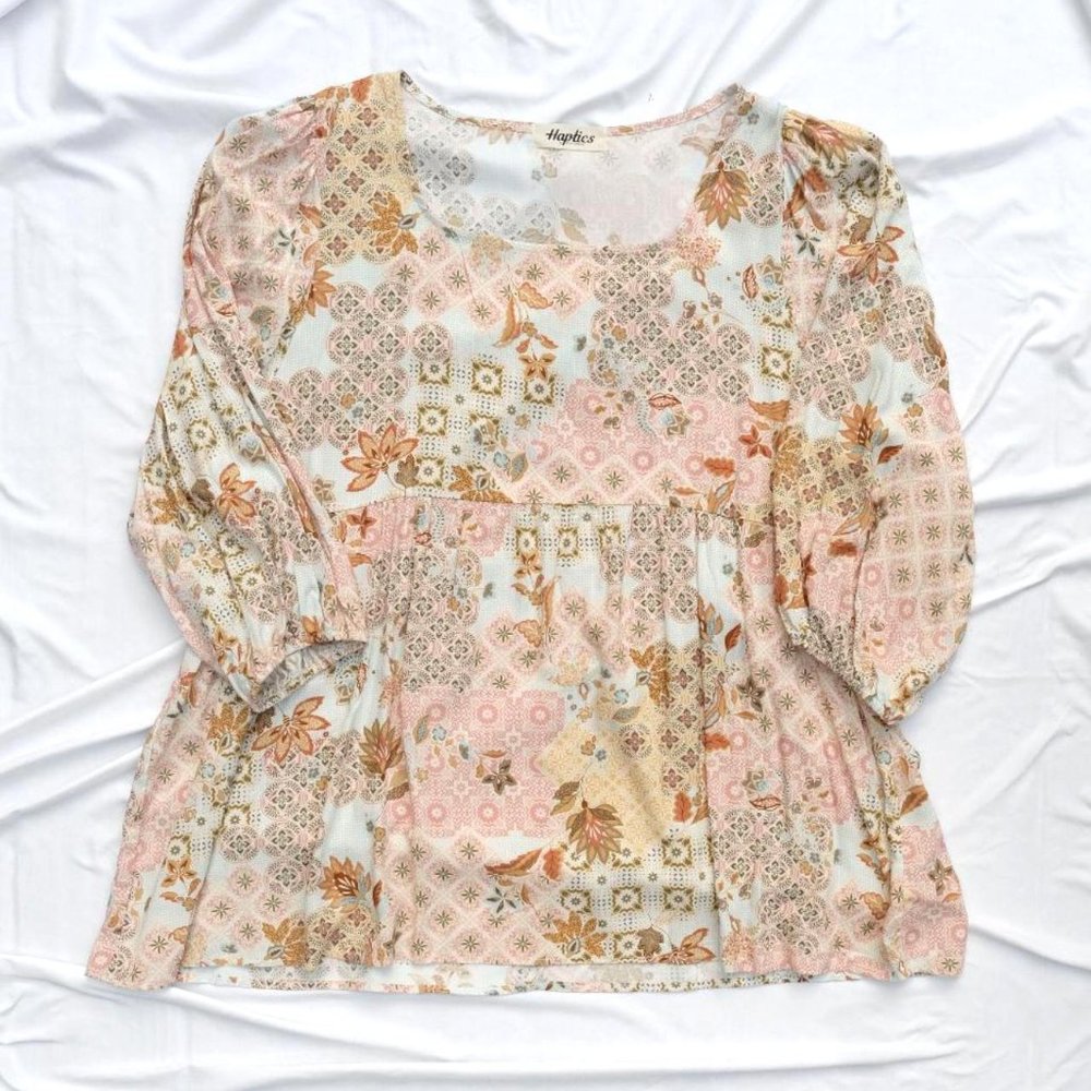 Haptics by Holly Harper Patchwork Floral Babydoll Top Size 2X